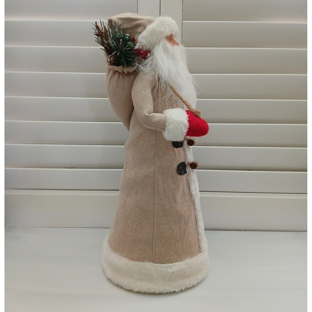 Christmas Santa Figurine Large 18" Tall Fabric Decor Holding Pinecone & Bag - Picture 11 of 13